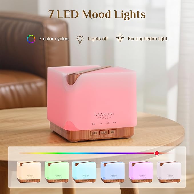 ASAKUKI Essential Oil Diffuser 700ml, Ultrasonic Aromatherapy Humidifier with Top 6 Essential Oils Set, 7 LED Colors, Timer & Auto-Off, Large Room Diffuser, Valentine's Day Gift - Image 6