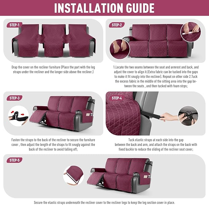 TAOCOCO 100% Waterproof Recliner Cover, Non-Slip Washable Reclining Couch Cover with Elastic Leg Straps, Furniture Protector for Dogs (Wine, 3 Seater) - Image 7