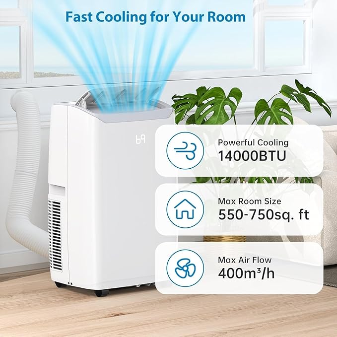 14000Btu Portable Air Conditioner Cools up to 750 Sq.Ft, 3-in-1 Quiet Portable AC Unit with Remote Control & Installation Kits for Large Room, 3 Speed, Auto Swing, 24H Timer - Image 2