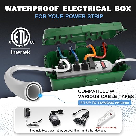 Flemoon [2 Pack] Outdoor Electrical Box Waterproof, Medium Weatherproof Electrical Box (11.5x5.2x4 inch) w/6 Cable Entry Ports, Extension Cord Cover for Power Strip, Timer, Plug, Holiday Light, Green - Image 2
