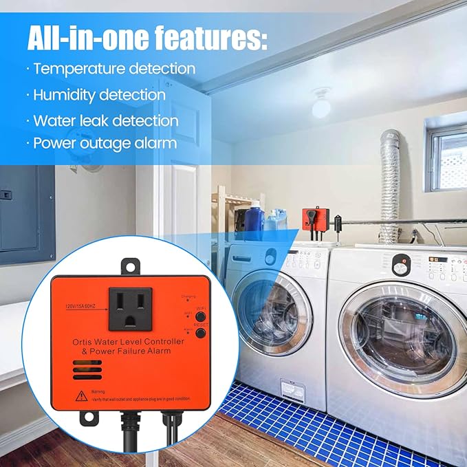 Ortis WiFi Power Failure & Water Leak Alarm, Real-Time Monitoring of Water Level, Temperature & Humidity, 110dB Siren with Flashing Light, APP Alerts, Ideal for Laundry Rooms & Basements - Image 7