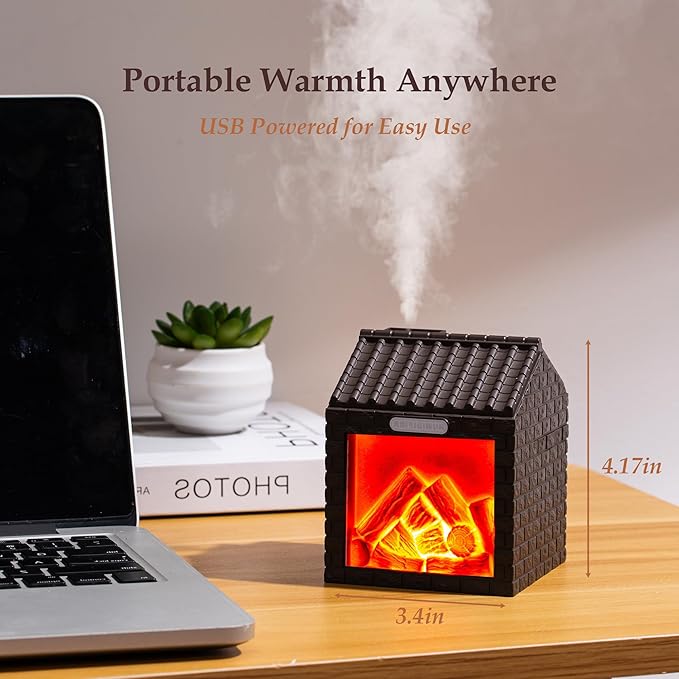Mini Fireplace Cool Mist Humidifier with Flame Light, USB Powered, Auto Shut-Off, Portable for Bedroom Office Travel, 200ml, Coffee Brown - Image 5