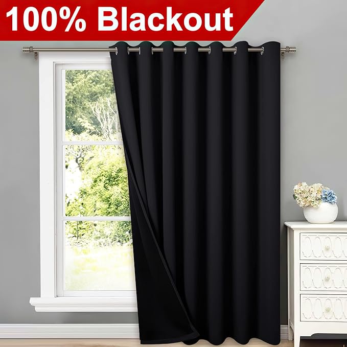 NICETOWN Extra Wide Patio Door Curtain, Super Heavy-Duty Thermal Sliding Glass Door Lined Drape, Privacy Assured 100% Blackout Window Treatment(Black, 1 Panel, 100 inches W x 84 inches L) - Image 2