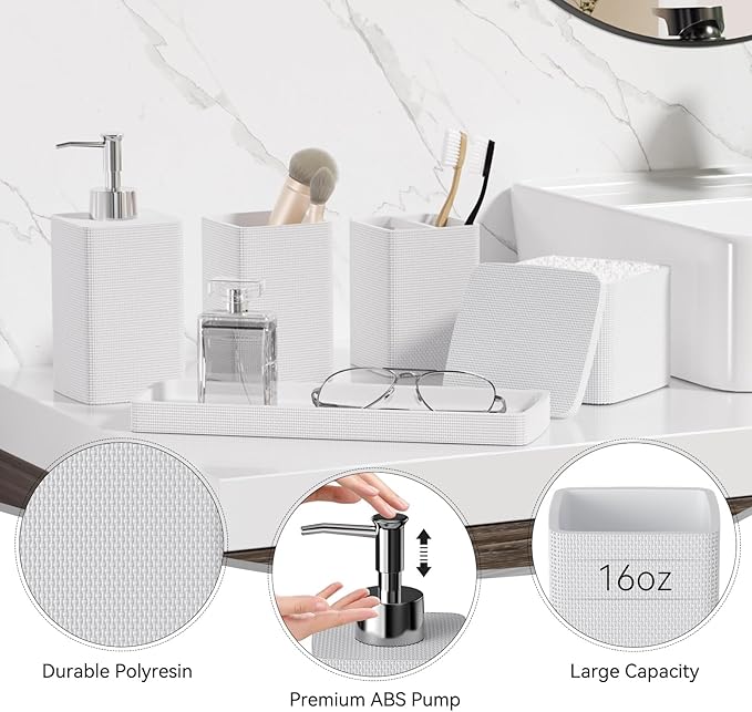 White Bathroom Accessories Set 5 Pieces, Resin Toothbrush Holders Set Complete with Soap Dispenser, Toothbrush Holder, Vanity Tray, Bathroom Tumbler and Qtip Holder for Small Spaces - Image 4