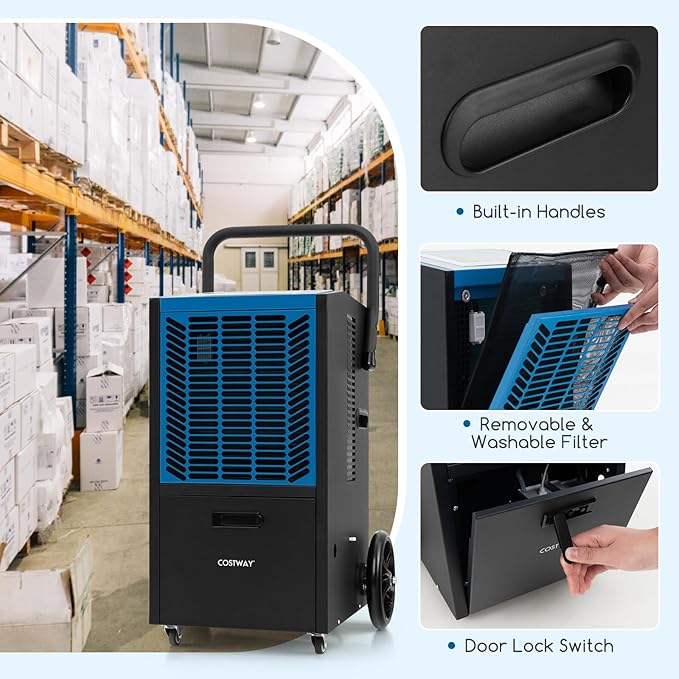 COSTWAY Commercial Dehumidifier, 4500 Sq.Ft Crawl Space Dehumidifier with Pump & Drain Hose, 24H Timer & 4 Wheels - Image 3