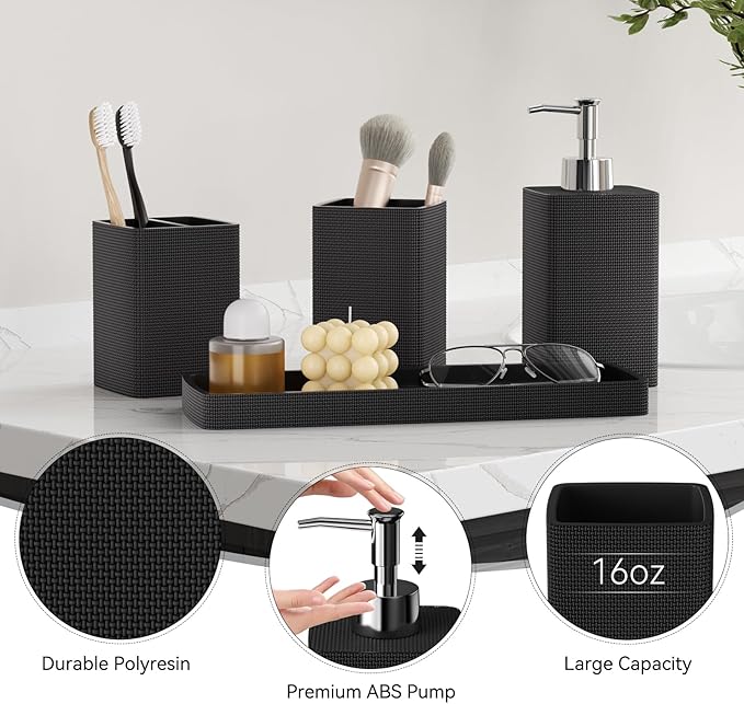 Black Bathroom Set,Black Bathroom Accessories Set with Shower Curtain and Rugs, Bath Towel Set, Natural Loofah Sponge, Soap Dispenser, Toothbrush Holder, Bathroom Tumbler and Tray for Bathroom - Image 3