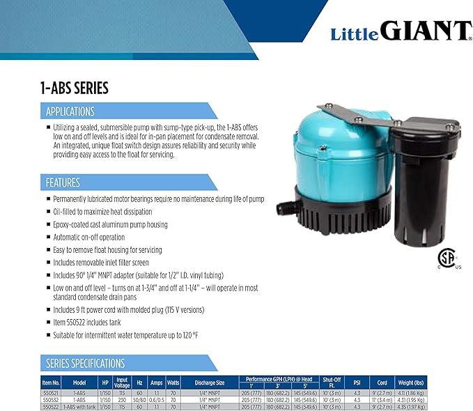 Little Giant 1-ABS 115-volt, 1/150 HP, 205 GPH Automatic Shallow Pan Condensate Removal Pump for Ceiling Mounted Air Conditioners or Dehumidifiers, with Condensate Collection Tank, Black/Blue, 550522 - Image 10