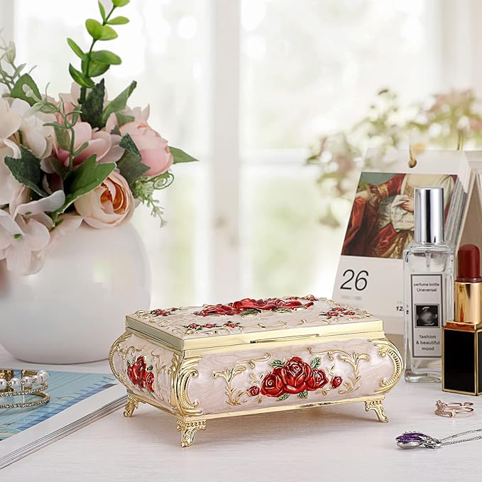 Hipiwe Metal Decorative Jewelry Box Vintage Treasure Chest Case Ornate Trinket Organizer Earrings Necklace Bracelet Storage Box Ring Holder Keepsake Box for Women - Image 9