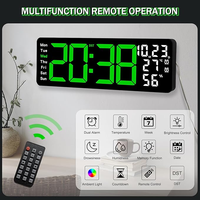 JoFomp 17.3" Large Digital Wall Clock, LED Digital Clock Large Display with Remote Control, Alarm Clock with Temp/DST/Dimmer/Humidity/Timer/Ambient Light - 12/24H, Alarm Wall Clock for Bedroom - Image 4