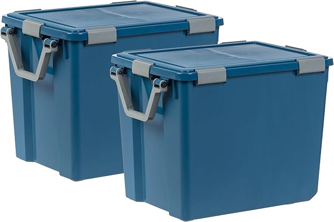 IRIS USA WeatherPro 103 Qt Eco-Friendly Storage Bins with Lids, 2 Pack, BPA-Free Plastic Gasket Box with Tight Latch and Seal, Stackable Nestable Tote Tub - Navy by IRISUSA