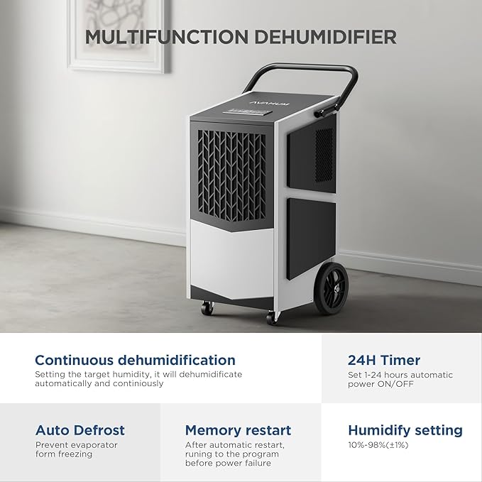 250 Pint Commercial Dehumidifier with Pump Whole house Industrial Grade Dehumidifiers 4400 sq. ft Continuous Dehumidification for Basements Drain Hose - Image 3