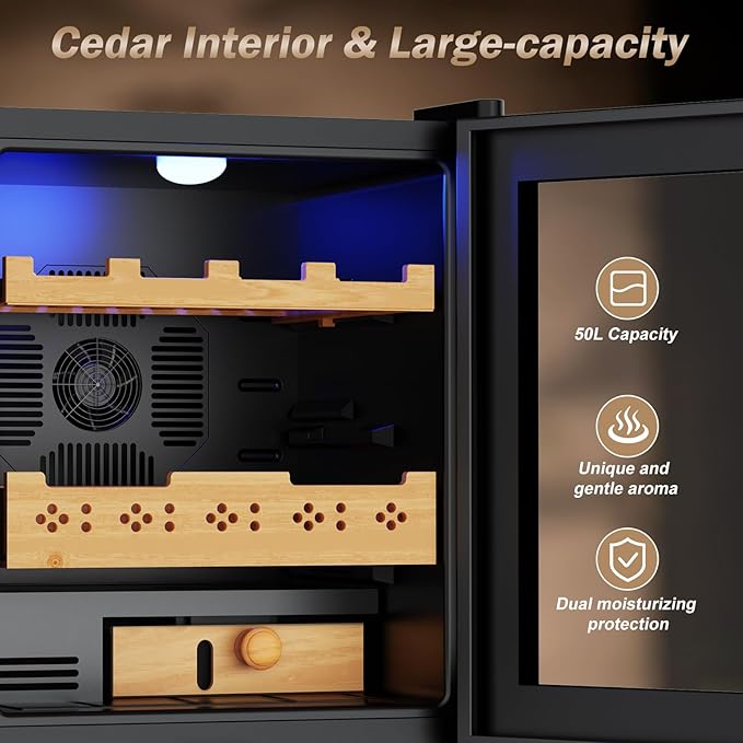 Electric Humidor-50L Cooling & Heating Humidor, Smart Touch Control Humidity & Temp Humidors wtih Spanish Cedar Wood Tray and Drawer, Digital Display, Safety Lock, Desktop Gift for Men - Image 3
