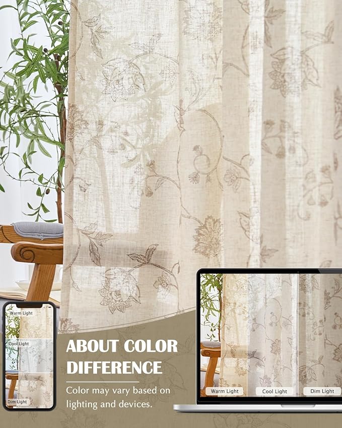 jinchan Linen Curtains Floral Curtain 84 Inch Length for Living Room Bedroom Light Filtering Rod Pocket Back Tab Jacobean Curtains Flax Linen Texture Window Drapes Set 2 Panels Taupe on Linen - Image 7
