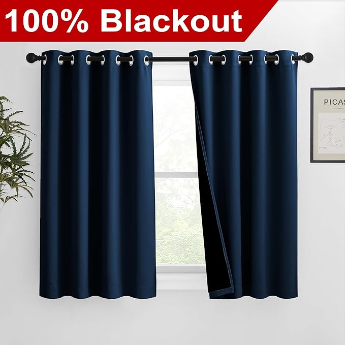 NICETOWN 100% Blackout Blinds, Set of 2, 46 inches x 45 inches, Laundry Room Decor Window Treatment Curtains for Large Patio Sliding Door, Thermal Insulated Moroccan Blue Curtains for Bedroom - Image 2