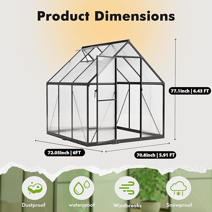6×6FT Greenhouse for Outdoors, Walk-in Greenhouse and Winter Garden Planting, Polycarbonate Greenhouse with Electronic Thermometers, Withstands Strong Wind or Snow to Protect Vegetable or Plants - Image 8