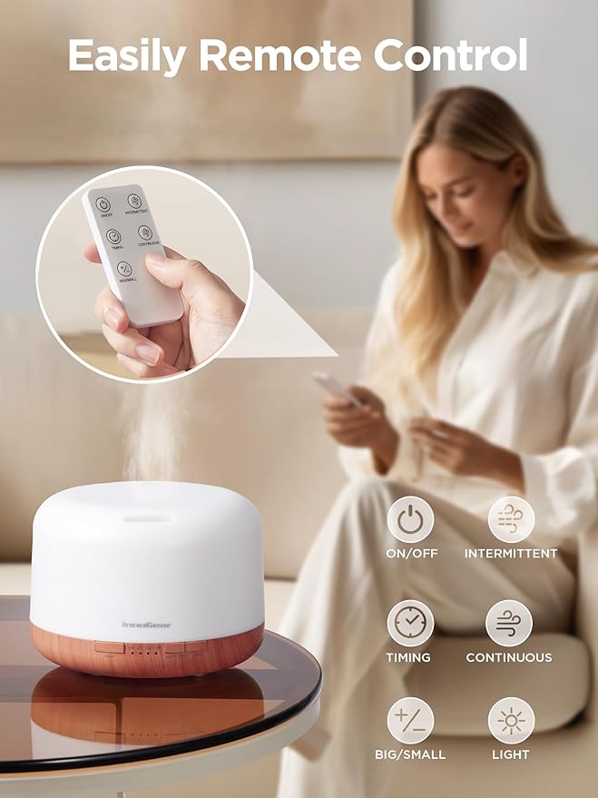 InnoGear 500ml Essential Oil Diffuser with Remote Control, Premium Ultrasonic Aromatherapy Diffusers Scent Humidifier Vaporizer Auto-Off Timer for Large Room Home, Yellow - Image 4