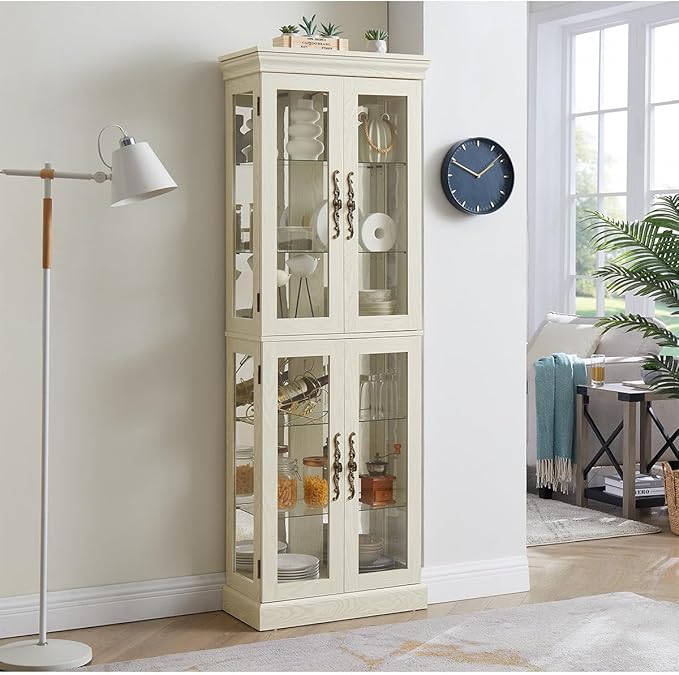 Lighted Glass Curio Cabinet with Lights & Adjustable Shelves,White Corner Curio Display Cabinet with Wood Frame (Free Standing,Light Bulb Include) - Image 2