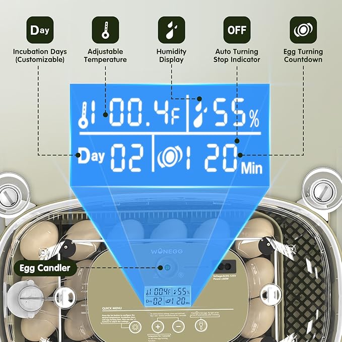 24 Egg Incubator with Automatic Turning, Temperature and Humidity Control, LED Egg Candler, and Auto Water Addition, for Hatching Chicken, Goose, Duck, Quail, Pigeon, and Turkey Eggs - Image 3