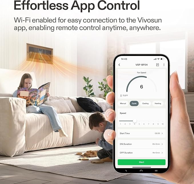 VIVOSUN Quiet Register Booster Fan for "  " Holes, Cooling Heating Vent Fan with 10-Speeds App Control &Adjustable Wind Direction, Thermostat Control for Bedroom, Bathroom &Attic, Brown - Image 3