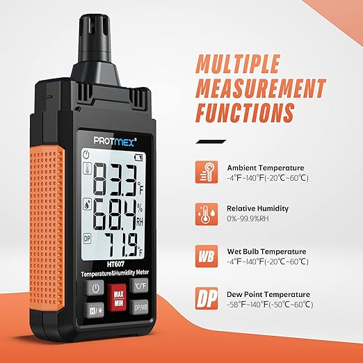 Protmex HT607 Temperature Humidity Meter High Precision Digital Hygrometer with Ambient, Relative Humidity, Dew Point, Wet Bulb Thermometer, Min/Max Hold, LCD Backlight with Cover Protector - Image 2
