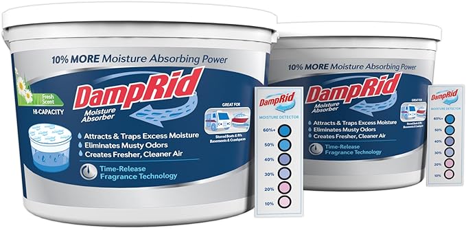DampRid Hi-Capacity Moisture Absorber Bucket, Fresh Scent, 2 lb. 15.5 oz. & Moisture Detection Strip (2 Pack), Attracts & Traps Excess Moisture by DampRid