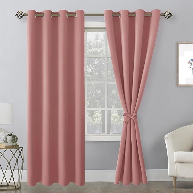Hiasan Blackout Curtains for Bedroom, 52 x 84 Inches Long - Thermal Insulated & Energy Saving Window Curtains for Living Room, 2 Drape Panels Sewn with Tiebacks, Dusty Rose - Image 3