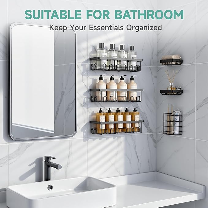 Veken Shower Caddy 6-Pack, Advanced Rustproof Design, No Drilling Adhesive Shelves, Rack with Soap Holder, Large Capacity Bathroom Organizers and Storage, Wall-Mounted Kitchen & Home Decor - Image 5