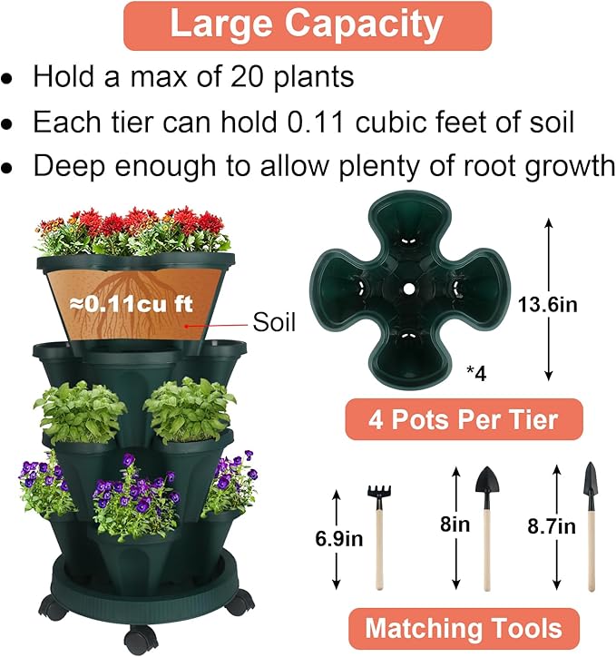GameXcel Vertical Planter 4 Tier Stackable Planters Garden Planters Strawberry Herb Flower and Vegetable Planter Indoor Outdoor Gardening Pots with Removable Wheels and Tools - Image 5