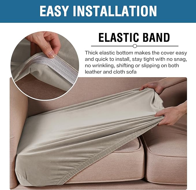 H.VERSAILTEX Velvet Stretch Couch Cushion Cover Plush Cushion Slipcover for Chair Loveseat Sofa Cushion Furniture Protector Seat Cushion Sofa Cover (3 Piece Sofa Cushion Covers, Oatmeal) - Image 4