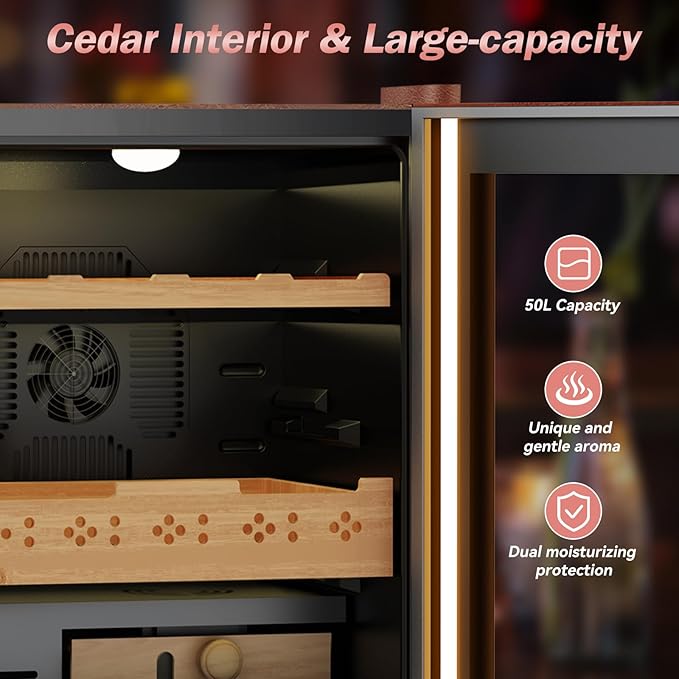 Electric Humidor with Leather-50L Cooling & Heating Humidor, Smart Touch Control Humidity & Temp, Humidors wtih Spanish Cedar Wood Tray and Drawer, Digital Display, Safety Lock, Desktop Gift for Men - Image 3