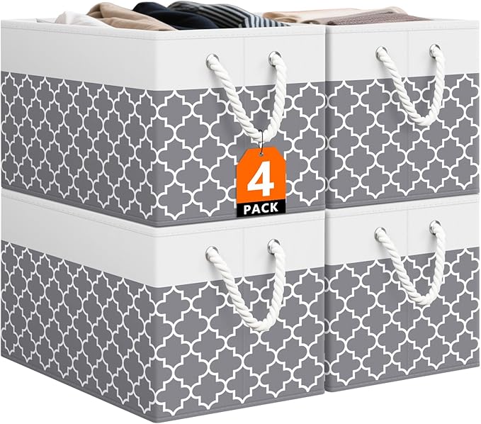 Storage Bin,Collapsible Storage Basket For Organizing,Large Storage Boxes With Rope Handles,Storage Containers,Clover Grey,4 Pack by StorageTastic