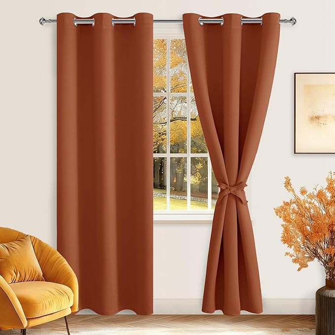 Hiasan Fall Blackout Curtains for Bedroom, 42 x 84 Inches Long - Thermal Insulated & Light Blocking Window Curtains for Living Room Home Decor, 2 Drape Panels Sewn with Tiebacks, Burnt Ochre - Image 2