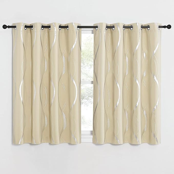 NICETOWN Blackout Short Curtains for Bedroom, Microfiber Noise Reducing Thermal Insulated Wave Line Foil Print Design Blackout Curtains for Office, Classroom (Biscotti Beige, 2 Panels, 52"W X 54"L) by NICETOWN