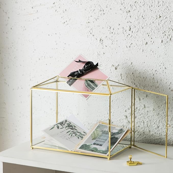 Glass Wedding Card Box with Slot, Large Clear Card Box 10.2 inch Gold Brass Gift Card Storage Box with Lock for Wedding Receptions, Baby Shower, Birthday Party, Bridal Shower - Image 2