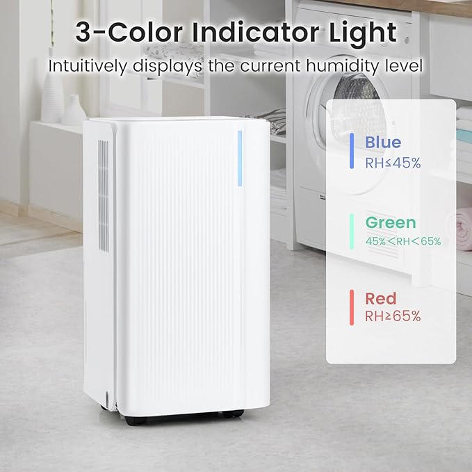 COSTWAY 32 Pints Dehumidifier for Home, 2000 Sq.Ft Portable Dehumidifier for Bedroom, Basement, Bathroom, 24H Timer, 3-Color Indicator, 3.3 FT Drain Hose, 4 Wheels - Image 6