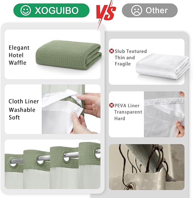 No Hook Shower Curtain and Liner Set,Sage Green Hotel Waffle Shower Curtain with Liner 81" L x 72" W - Image 5