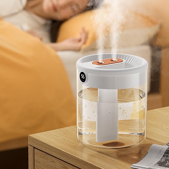 2L Double Nozzle Air Humidifier, Bedroom Humidifier with LCD Display, Almost Silent, White - Image 2