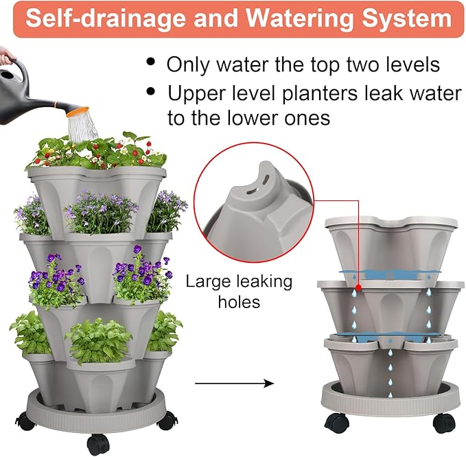 GameXcel Vertical Planter 4 Tier Stackable Planters Garden Planters Strawberry Herb Flower and Vegetable Planter Indoor Outdoor Gardening Pots with Removable Wheels and Tools - Image 4