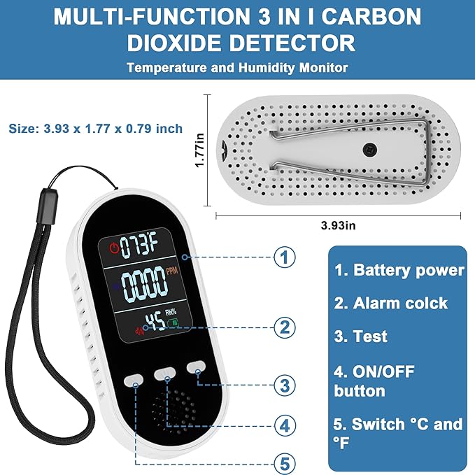 Portable Carbon Monoxide Detector Mini air Quality Monitor with Lanyard Alarm, CO Gas/Humidity Sensor/Indoor/Outdoor Thermometer, Battery Powered LED Screen - Image 2