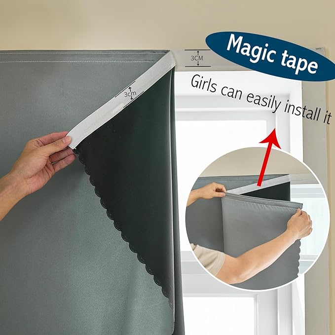 Magic Tape Stick on Portable Curtains for Windows,Bedroom Blackout Curtains for - Thermal Lnsulated No Drill Curtains Room Darkening Black Small Drapes(1 Panels,47Wx54L inch-Silver Gray) - Image 8