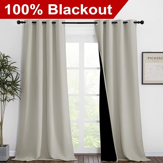 NICETOWN Natural Blackout Curtains 90 inches Long, Full Light Blocking Drapes with Black Liner for Nursery, Thermal Insulated Draperies for Hall, Villa (2 Pieces, 46" Wide Each Panel) - Image 2