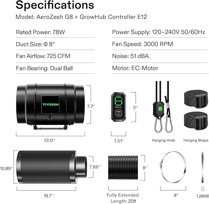 VIVOSUN Smart Air Filtration G8 Kit 8", AeroZesh G8 Inline Duct Fan with E12 Speed Controller, Carbon Filter & 25' Ducting, Cooling & Ventilation System for Grow Tents, Indoor Gardening, Hydroponics - Image 9