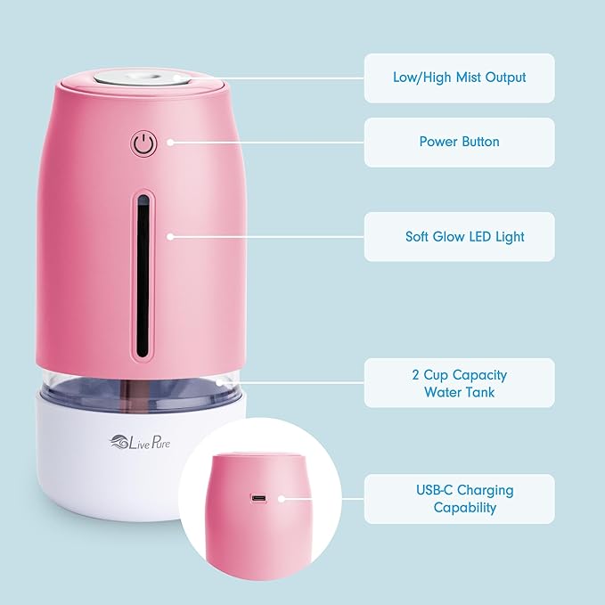 LivePure Cool Mist Humidifiers for Bedroom. Small Humidifier for Babies, Nursery, Plants, Office. Ultrasonic Cool Mist Humidifier w/Quiet Operation, USB-C Rechargeable. Rose Quartz - Image 7