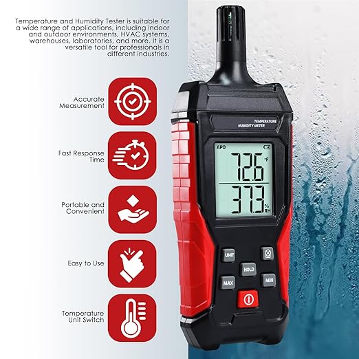 Humidity Temperature Meter, High Precision Digital Psychrometer HVAC with Ambient Temperature Handheld Hygrometer Moisture Meter w/Data Hold, Min/Max, 4 Digits Display Backlit for Outdoor Indoor Use - Image 4