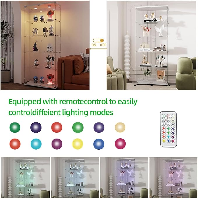 Yoluckea 5-Tier Glass Display Cabinet with Paipai Light, 2-Door Floor Standing Curio Cabinet with Adjustable Floor Feet for Home Office Corner Display, White Glass Bookshelf for Collections and Decor - Image 3