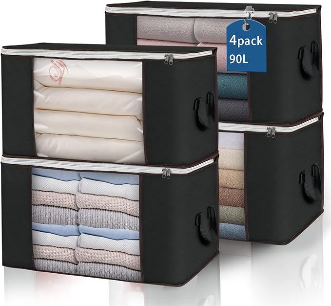Large Storage Bags, 4 Pack Clothes Storage Bins Foldable Closet Organizers Storage Containers with Durable Handles Thick Fabric for Blanket Comforter Clothing Bedding 90 L (Black) by BuddingJoy-BuildaJoyfulLifeforYou