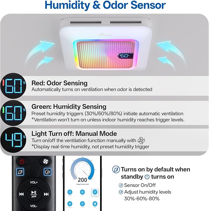 Smart Bathroom Exhaust Fan with Bluetooth Speaker, 230 CFM 1.0 Sone Exhaust Fan with Humidity & Odor Sensor, Remote/App/Voice Control, Adjustable LED Lighting & Dynamic RGB Mood Light (Pink) - Image 5