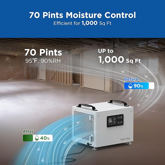 70 Pints Commercial Dehumidifier, Portable Crawl Space Dehumidifier for Basement Energy Star Certified Compact Dehumidifiers for Home with Drain Hose, Auto Defrost, Timer - Image 2