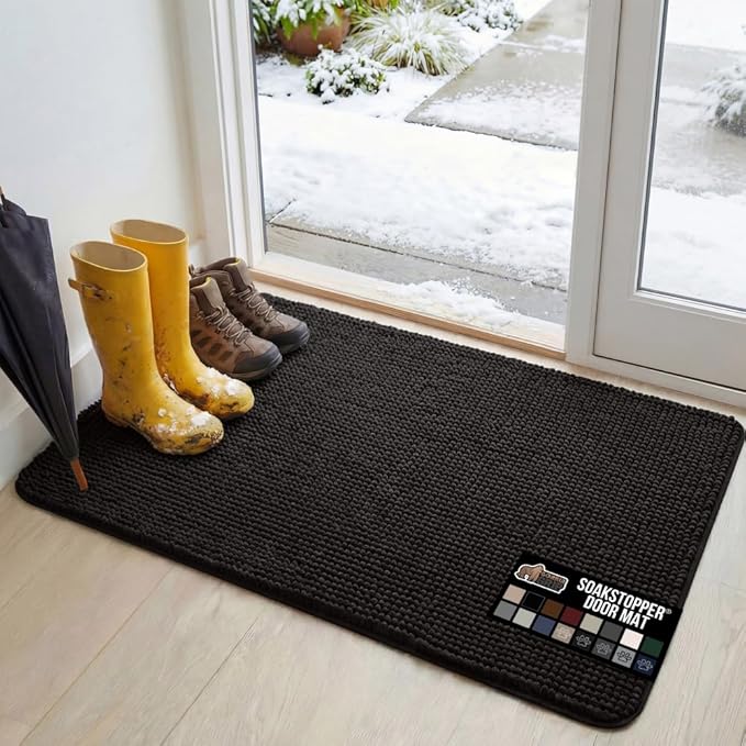 GORILLA GRIP SOAKSTOPPER Dog Door Mat, 48x30 Machine Washable Rug Absorbent Doormat Captures Moisture Mud Dirt, Quick Dry Soft Chenille Entryway Rugs Indoor Entrance Mats for Dog Paws, Black by GorillaGrip