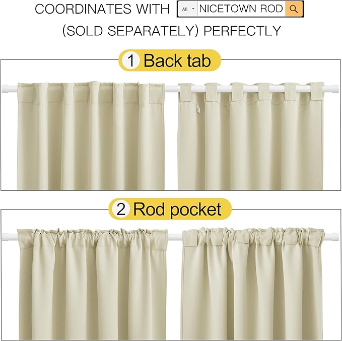 NICETOWN Living Room Blackout Curtains 95 inches Long, Window Treatment Room Darkening Curtains for Office (Beige, 52" Wide by 95" Long, 2 Pieces) - Image 3
